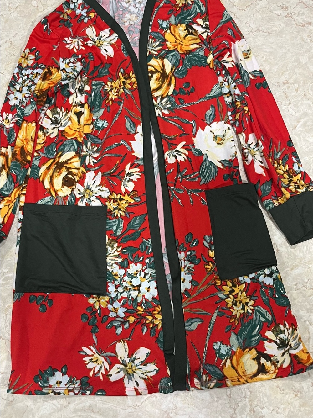 Red Floral Open-Front Cardigan with Black Trim and Pockets